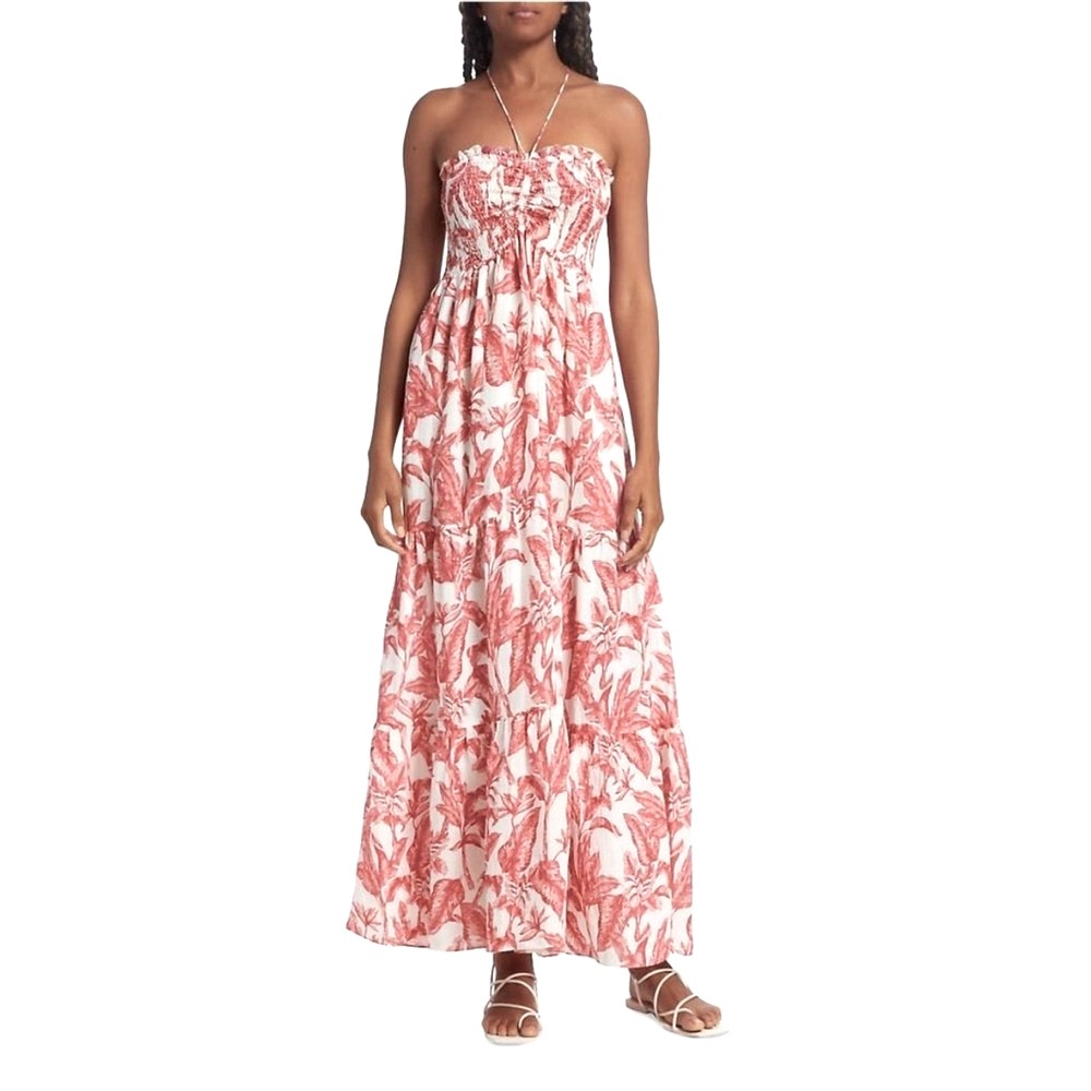 Kivari Mirani Maxi Dress Pink Palm Smocked Halter Linen Viscose Blend